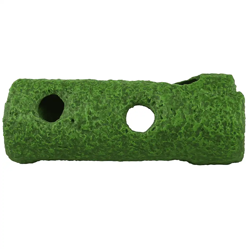 Green Moss-Look Aquarium Tunnel Decoration – Dual Hole, Resin Log Style
