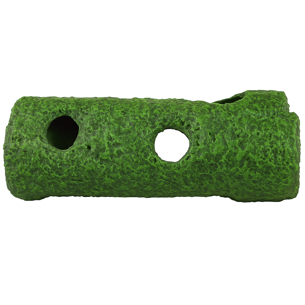 Green Moss-Look Aquarium Tunnel Decoration – Dual Hole, Resin Log Style